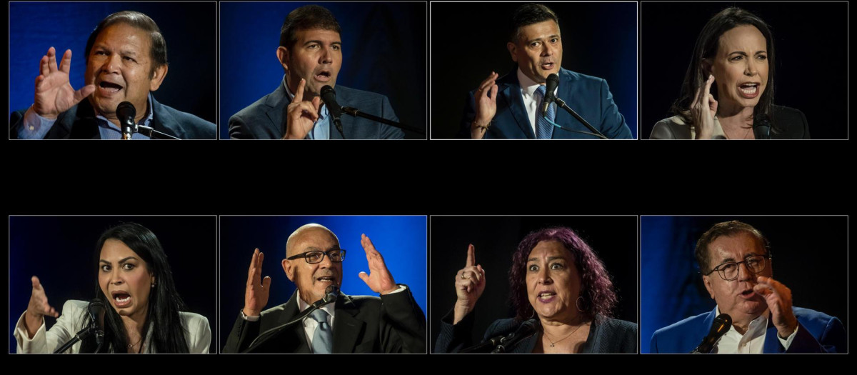 CARACAS (VENEZUELA) 12/07/2023 - Combo de fotografías que muestra hoy a los precandidatos opositores venezolanos (i-d, arriba-abajo) Andrés Velásquez, Carlos Prosperi, Fredy Superlano, María Corina Machado, Delsa Solórzano, Andrés Caleca, Tamara Adrián y César Pérez Vivas, durante su primer debate en Caracas (Venezuela). Ocho de los 13 candidatos a las primarias opositoras en Venezuela se comprometieron este miércoles a enfrentar unidos las amenazas contra las internas, luego de que el Tribunal Supremo de Justicia (TSJ) admitiese para estudio una solicitud de suspensión del proceso en el que se definirá el abanderado para las presidenciales de 2024. EFE/ MIGUEL GUTIÉRREZ