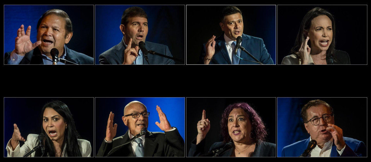 CARACAS (VENEZUELA) 12/07/2023 - Combo de fotografías que muestra hoy a los precandidatos opositores venezolanos (i-d, arriba-abajo) Andrés Velásquez, Carlos Prosperi, Fredy Superlano, María Corina Machado, Delsa Solórzano, Andrés Caleca, Tamara Adrián y César Pérez Vivas, durante su primer debate en Caracas (Venezuela). Ocho de los 13 candidatos a las primarias opositoras en Venezuela se comprometieron este miércoles a enfrentar unidos las amenazas contra las internas, luego de que el Tribunal Supremo de Justicia (TSJ) admitiese para estudio una solicitud de suspensión del proceso en el que se definirá el abanderado para las presidenciales de 2024. EFE/ MIGUEL GUTIÉRREZ