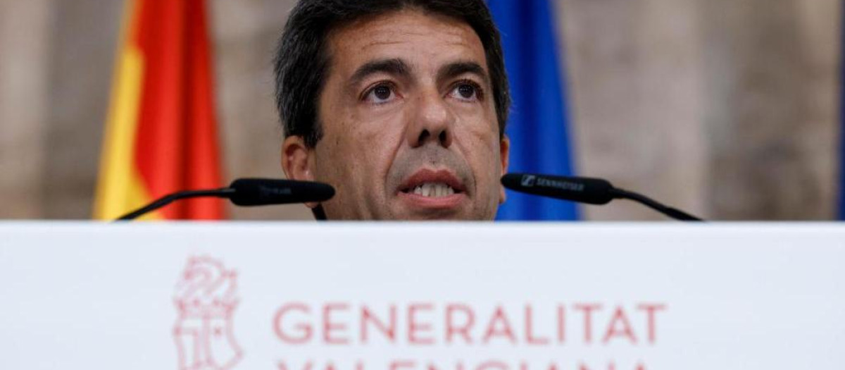 El presidente de la Generalitat, Carlos Mazón, durante su comparecencia para anunciar su Gobierno.