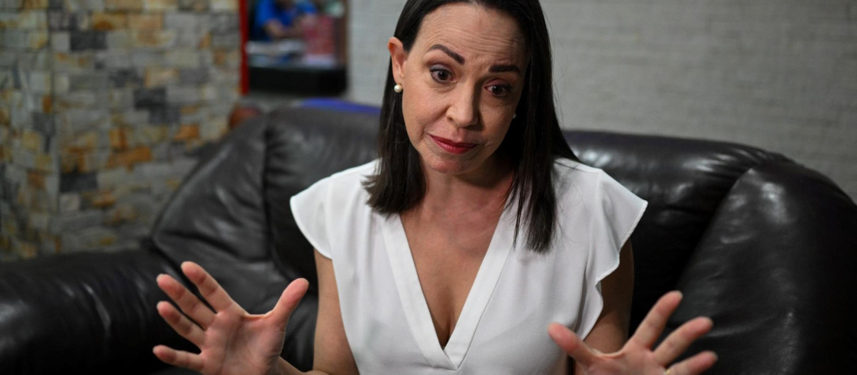 Venezuelan presidential pre-candidate for the opposition Vente Venezuela party, Maria Corina Machado, speaks during an interview with AFP in Valle de la Pascua, Guarico State, Venezuela, on July 20, 2023. (Photo by Federico PARRA / AFP)