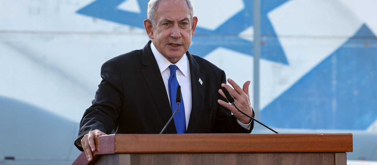 (FILES) Israel's Prime Minister Benjamin Netanyahu delivers a speech during his visit to an Israeli unmanned aerial vehicle (UAV) centre, at the Palmachim Airbase near the city of Rishon LeZion on July 5, 2023. Israeli Prime Minister Benjamin Netanyahu will undergo surgery to implant a pacemaker, his office said in a statement early on July 23, 2023, just days after he was discharged from hospital following a health scare. (Photo by JACK GUEZ / AFP)