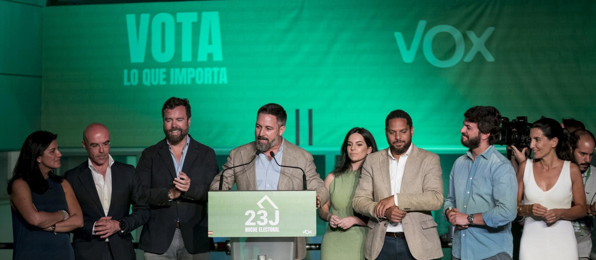 El vicepresidente de Acción Política de Vox, Jorge Buxadé (2i), el portavoz de Vox en el Congreso, Iván Espinosa de los Monteros (3i), el candidato de Vox a la Presidencia del Gobierno de España, Santiago Abascal (c), el secretario general de Vox, Ignacio Garriga (3d), el vicepresidente de la Junta de Castilla y León, Juan García-Gallardo (2d), y la líder de Vox en la Comunidad de Madrid, Rocío Monasterio (d), durante el seguimiento de la jornada electoral de los comicios generales en la sede de Vox, a 23 de julio de 2023, en Madrid (España). Todos los españoles han sido llamados hoy, 23 de julio de 2023, para elegir a sus representantes para los próximos cuatro años. Están en juego 350 escaños en el Congreso y 208 en el Senado (ya que 57 de los 265 senadores lo son por designación autonómica), que tendrán que elegir al próximo Gobierno