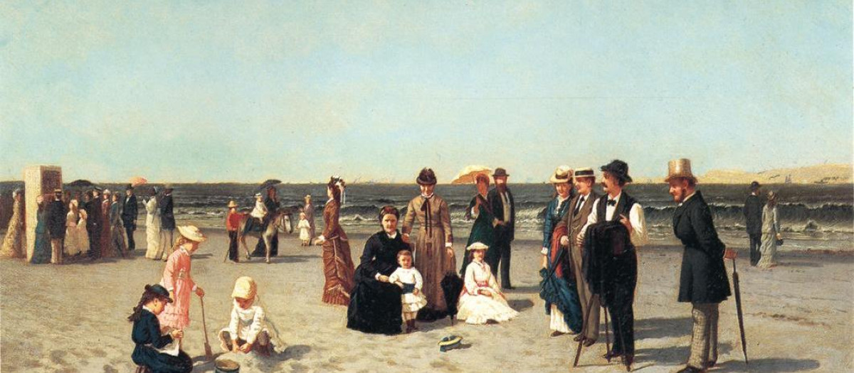 Escena de playa, obra de Samuel S. Carr (pintor de género estadounidense, 1837-1908)