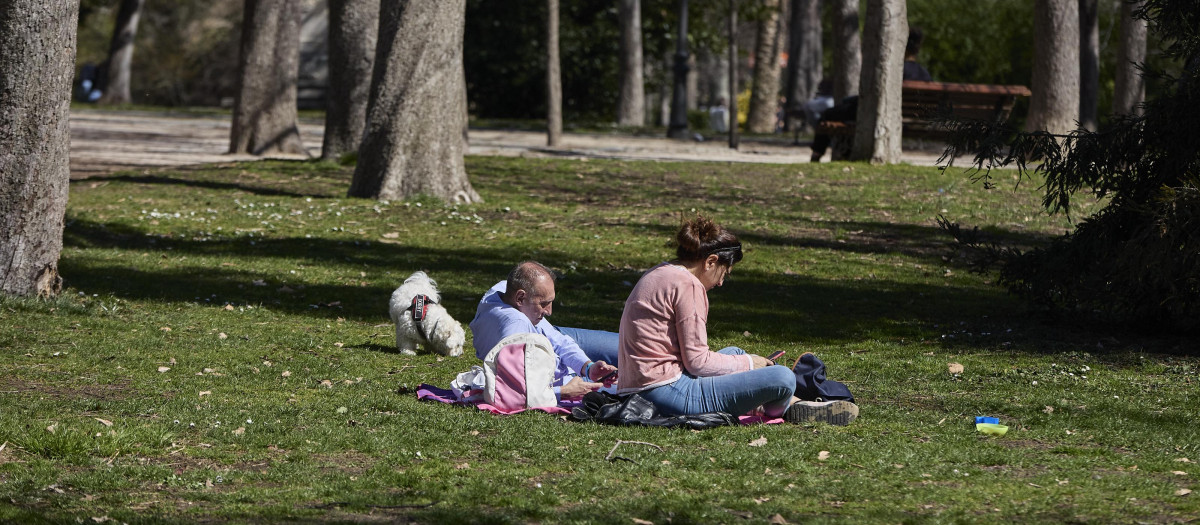 Una pareja con su perro sentados en el cesped