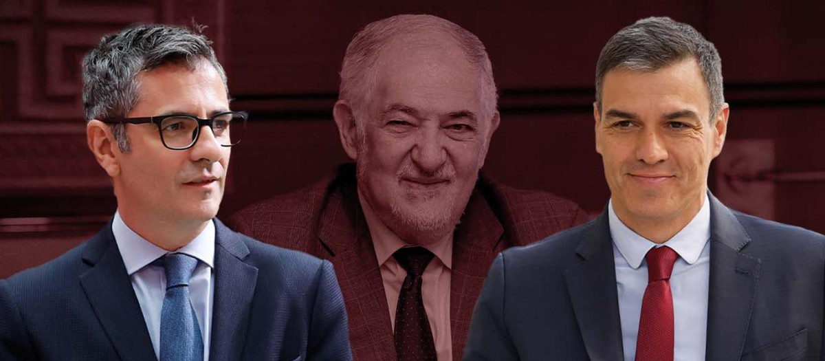 El ministro de la Presidencia, Félix Bolaños, el presidente del Gobierno, Pedro Sánchez y, detrás, el presidente del TC Cándido Conde-Pumpido