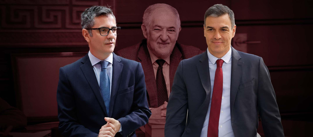 El ministro de la Presidencia, Félix Bolaños, el presidente del Gobierno, Pedro Sánchez y, detrás, el presidente del TC Cándido Conde-Pumpido