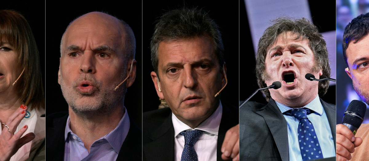 Patricia Bullrich, del partido Juntos por el Cambio, el alcalde de Buenos Aires Horacio Rodríguez Larreta, el Ministro de Economía de Argentina Sergio Massa, Javier Milei y Juan Grabois