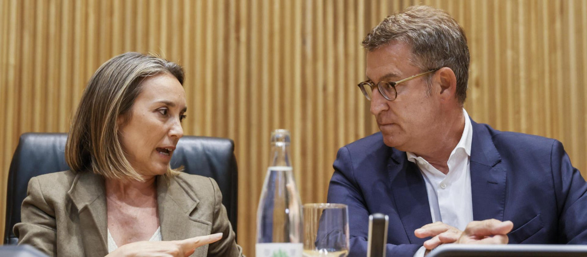 MADRID, 16/08/2023.- El presidente del PP, Alberto Núñez Feijóo junto a la secretaria general Cuca Gamarra durante la reunión convocada con los nuevos diputados y senadores de su partido, que se celebra este miércoles en el Congreso. EFE/ Mariscal