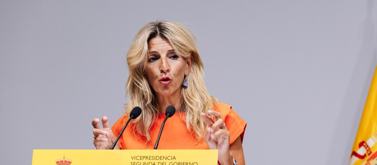 La vicepresidenta segunda y ministra de Trabajo y Economía Social en funciones, Yolanda Díaz, ofrece una rueda de prensa tras una reunión en la sede del Ministerio, a 28 de agosto de 2023, en Madrid (España). Yolanda Díaz mantiene hoy encuentros con la presidenta del sindicato mayoritario del fútbol femenino (Futpro), con representantes de la Asociación de Futbolistas Españoles (AFE) y con una delegación de la Liga de Fútbol Femenino, según ha informado el Ministerio de Trabajo en un comunicado. En concreto, el objetivo del encuentro entre Díaz y Gutiérrez es ahondar en la situación en la que se encuentran las condiciones laborales de las jugadoras.
28 AGOSTO 2023;MADRID;YOLANDA DIAZ;SINDICATO MAYORITARIO FUTBOL FEMENINO;CASO RUBIALES
Carlos Luján / Europa Press
28/8/2023