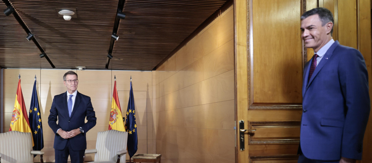 Pedro Sánchez y Alberto Núñez Feijóo, antes de su reunión en el Congreso