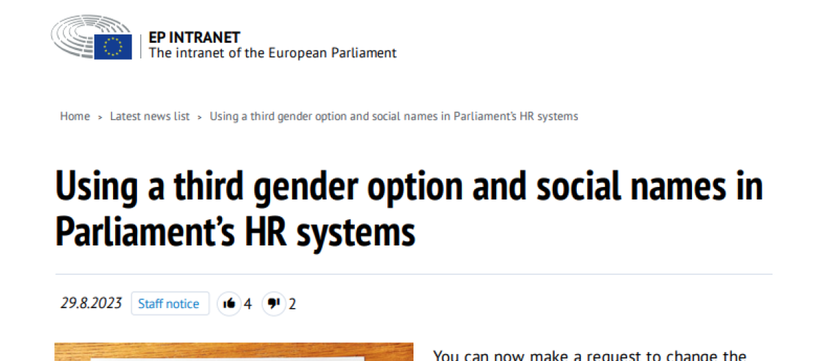 Comunicado oficial interno del Parlamento Europeo en el que se informa de la posibilidad de usar un tercer género