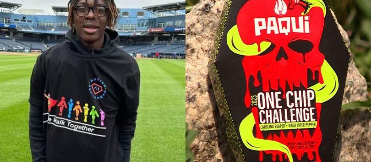 Harris Wolobah (i.) y un envoltorio de 'Paqui One Chip Challenge'