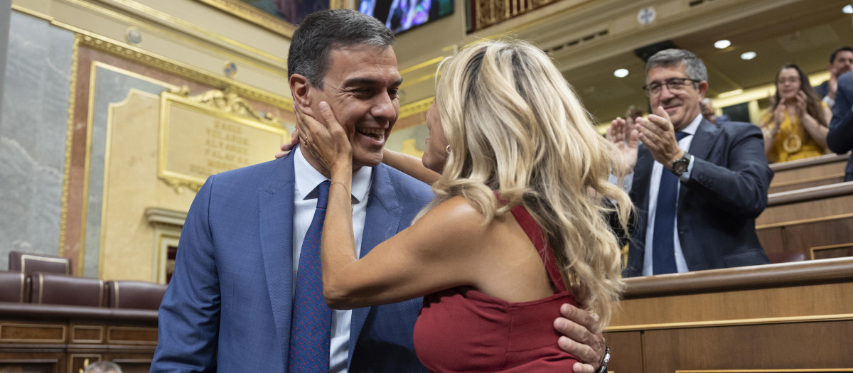 President Pedro Sanchez and minister Yolanda Diaz during the Constitutive Session of the Congress of Deputies on the occasion of the beginning of the XV/15 Legislature in Madrid. Augus 17 2023