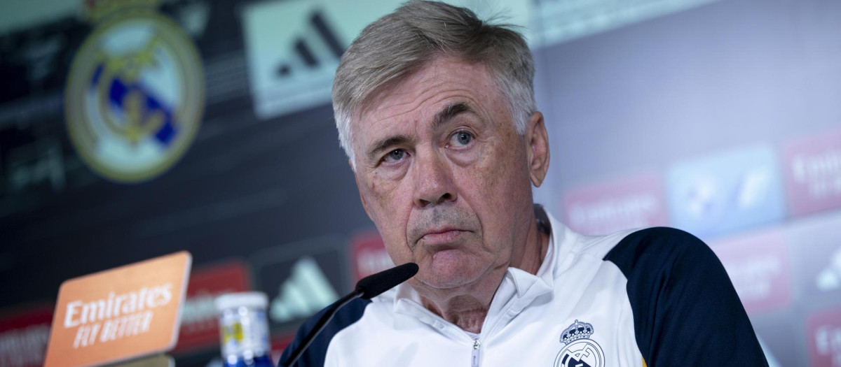 Carlo Ancelotti en la rueda de prensa previa del partido frente al Atlético de Madrid