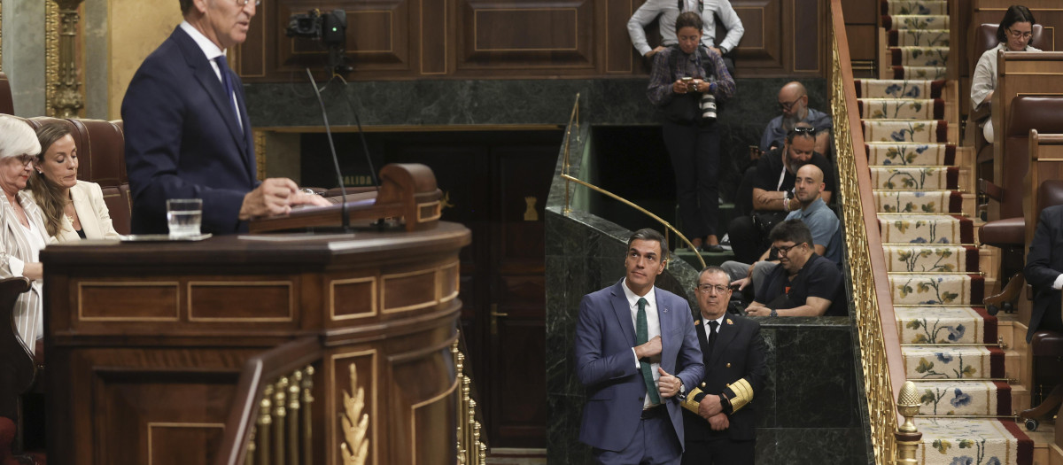 Alberto Núñez Feijóo y Pedro Sánchez, durante la investidura del presidente popular