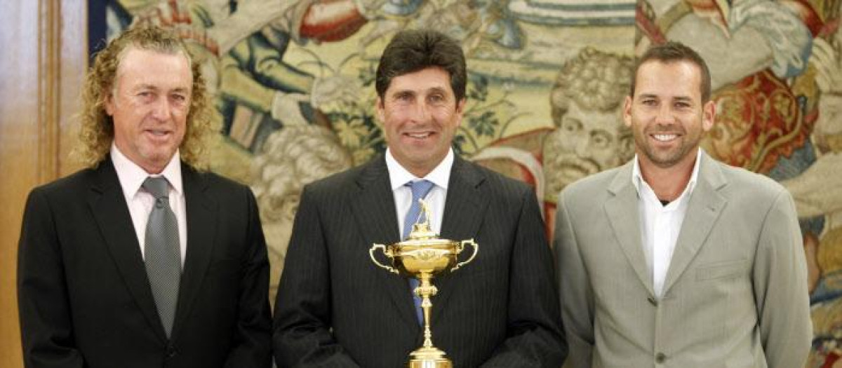 Miguel Ángel Jiménez, José María Olazábal y Sergio García, en 2012, tres de los nueve ganadores españoles de la Ryder Cup