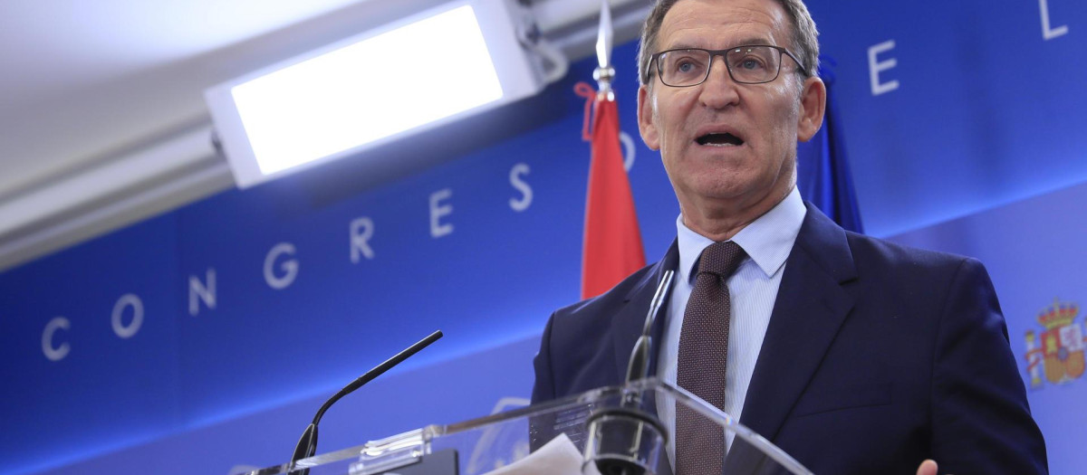 MADRID, 03/10/2023.- El líder del PP, Alberto Núñez Feijóo, durante la rueda de prensa ofrecida tras la reunión mantenida con el rey Felipe VI, en el marco de la ronda de contactos que el Monarca ha llevado a cabo para designar nuevo candidato al Gobierno de España, este martes en el Congreso. EFE/ Fernando Alvarado