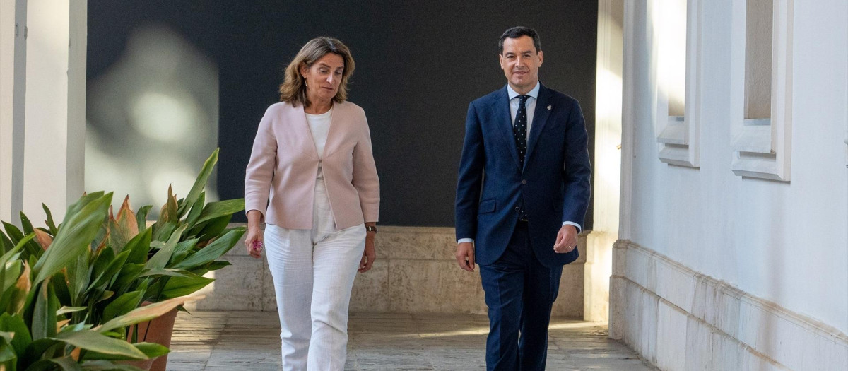 Juanma Moreno camina con Teresa Ribera, este martes, en Sevilla