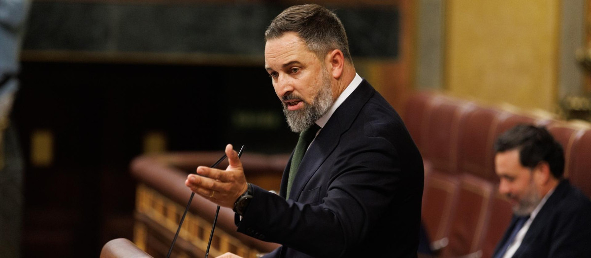 El líder de VOX, Santiago Abascal, interviene durante la primera sesión del debate de investidura del líder del PP, en el Congreso