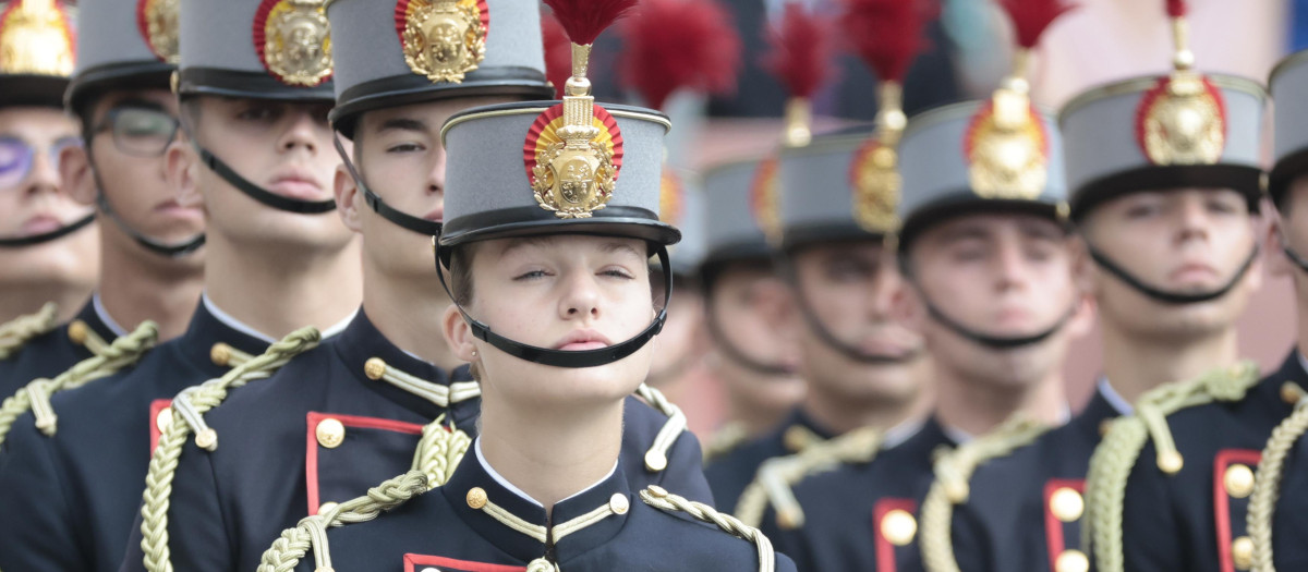 Princess of Asturias Leonor de Borbon during Flag Pledge (Jura de Bandera) ceremony as a cadet of the Zaragoza Military Academy in Zaragoza on Saturday, 7 October 2023.