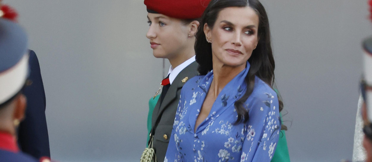 Spanish Queen Letizia with Princess Leonor de Borbon attending a military parade during the known as Dia de la Hispanidad, Spain's National Day, in Madrid, on Thursday 12, October 2023.