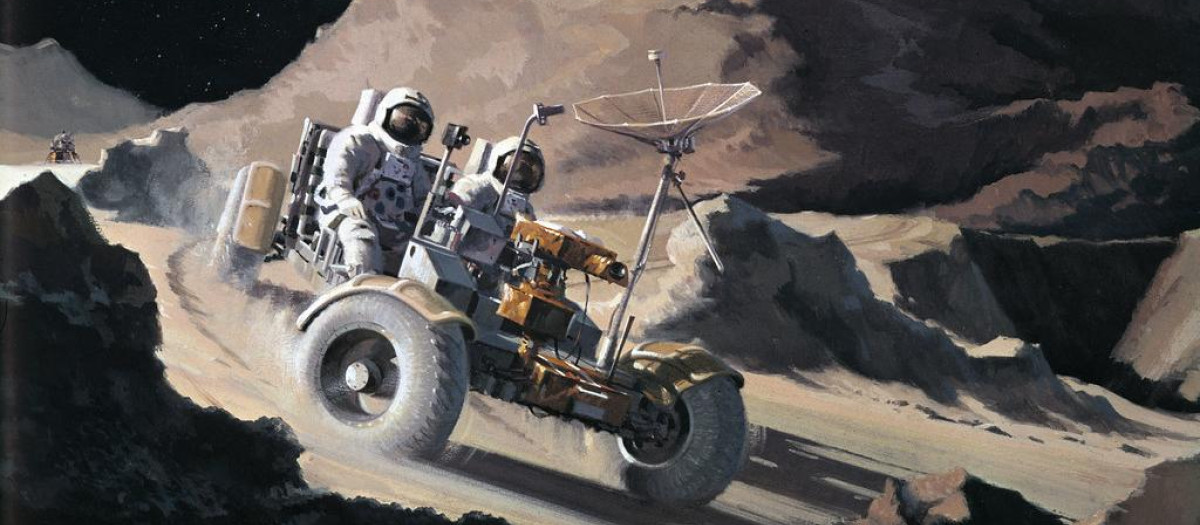 Ilustración de dos astronautas conduciendo por la Luna