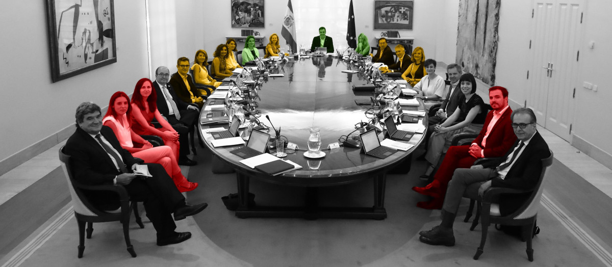 El Consejo de Ministros actual, con 17 ministros del PSOE y cinco de Unidas Podemos