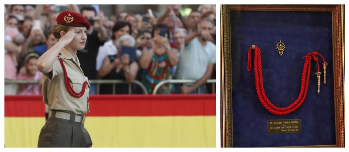 La Princesa Leonor desfila como cadete en la Academia General Militar con los tradicionales cordones, en detalle a la derecha