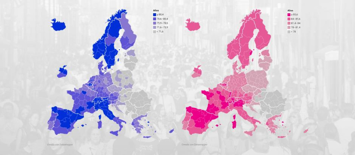 Mapas con la esperanza de vida en la Unión Europea, para hombres y para mujeres