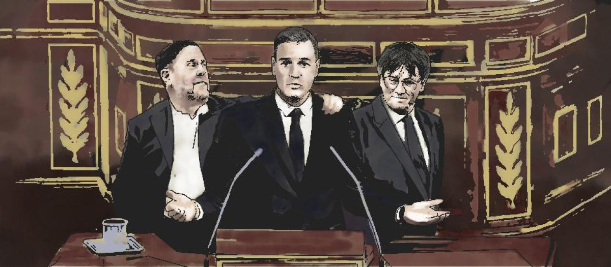 Ilustración de Pedro Sánchez flanqueado por Junqueras y Puigdemont