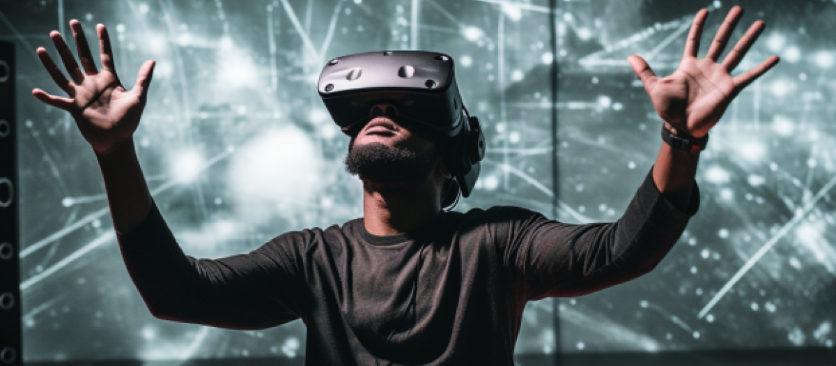 Imagen generada por IA de una persona utilizando tecnología de realidad virtual