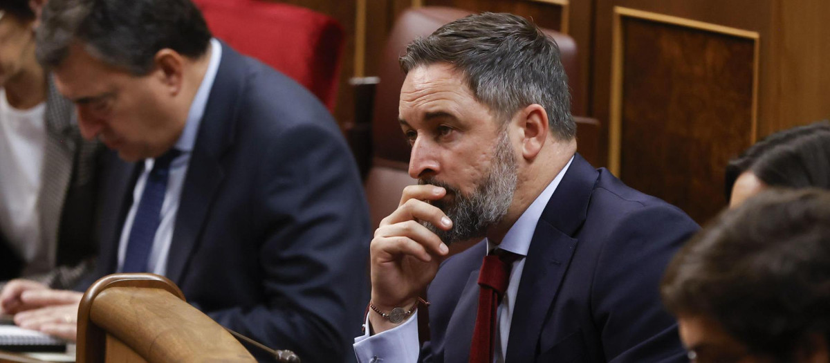 El líder de Vox Santiago Abascal durante la segunda jornada de la investidura de Sánchez