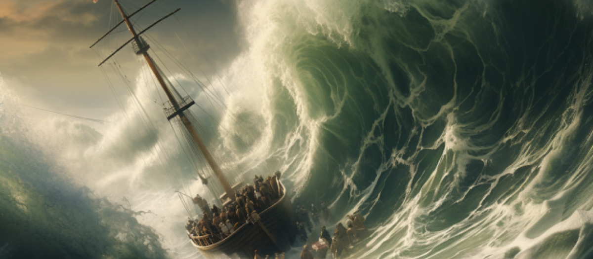Una ola gigante arrolla a un barco en una ilustración hecha por IA