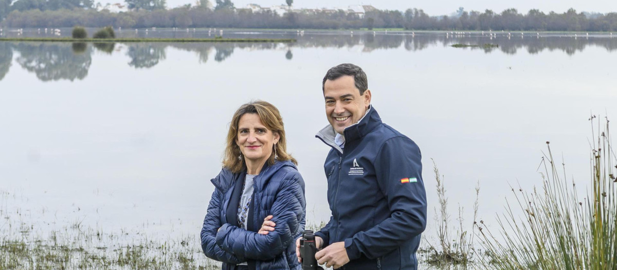 El presidente andaluz, Juanma Moreno y la vicepresidenta tercera del Gobierno y ministra para la Transición Ecológica y el Reto Demográfico, Teresa Ribera