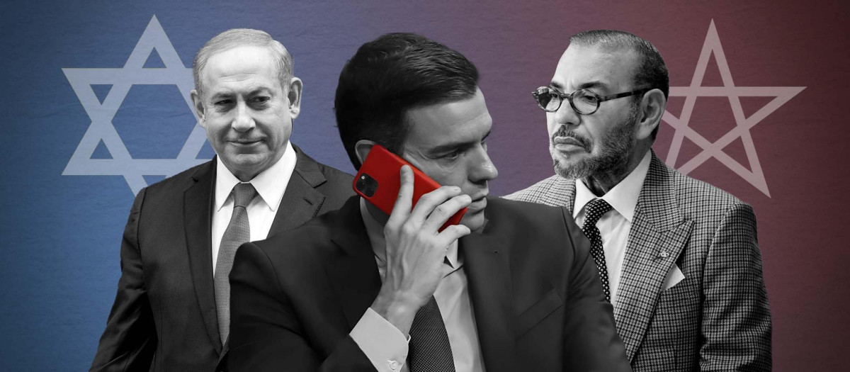 Un montaje de Sánchez, el rey Mohamed VI y el primer ministro Netanyahu