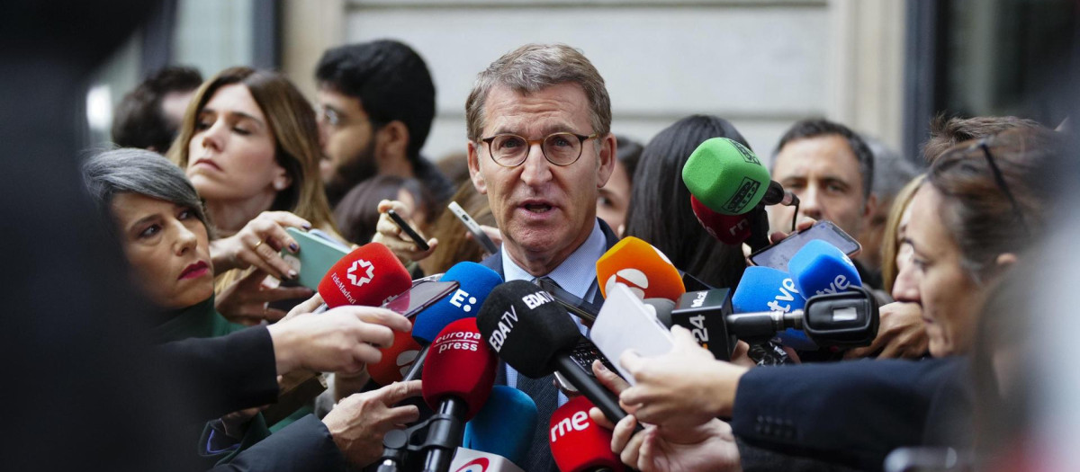 MADRID, 29/11/2023.- El líder del Partido Popular, Alberto Núñez-Feijóo, realiza declaraciones ante medios de comunicación a su llegada este miércoles a la solemne apertura de la XV Legislatura, en una sesión conjunta de las Cortes Generales que se celebra en el Congreso y donde el rey pronunciará un discurso ante el nuevo Gobierno de Pedro Sánchez y los diputados y senadores elegidos el pasado 23 de julio. EFE/ Borja Sanchez-trillo