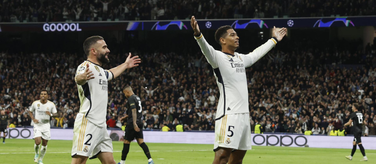 La ya característica celebración de Jude Bellingham, con Carvajal detrás
