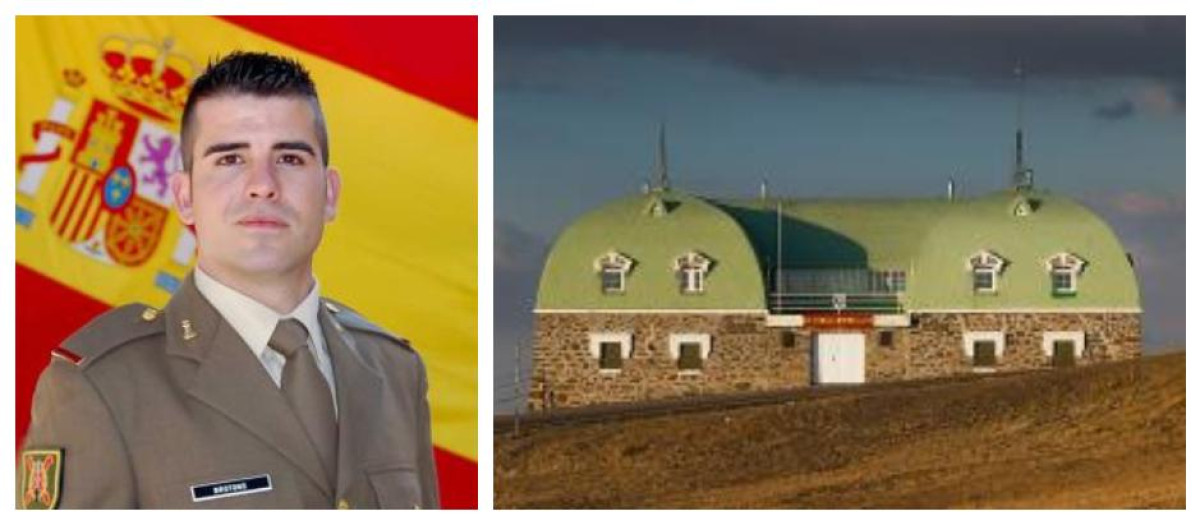 A la izquierda, el soldado Brotosn; a la derecha, el Refugio Militar de Montaña «Capitán Cobo», de la base «Gran Capitán»