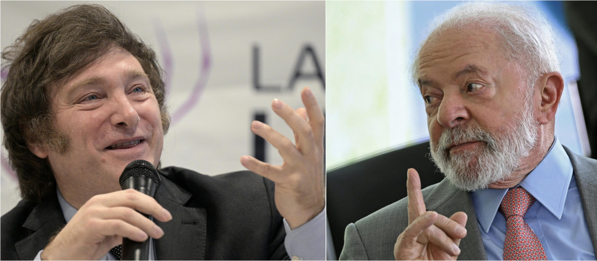 (FILES) (COMBO) This combination of file pictures created on November 20, 2023 shows the then presidential candidate for La Libertad Avanza party Javier Milei (L) during a press conference in Buenos Aires on October 11, 2023, and Brazilian President Luiz Inacio Lula da Silva during the launch of the "Energy Transition: Fuel for the Future" project at the Planalto Palace in Brasilia on September 14, 2023. Brazilian President Luiz Inacio Lula da Silva will not attend the December 10 inauguration of Javier Milei in Argentina, the Brazilian presidency reaffirmed on December 5, 2023, despite the ultra-liberal's attempts at rapprochement in recent weeks. During his campaign, Milei called Brazil's President Luiz Inacio Lula da Silva "corrupt" and a "communist".  The Brazilian president will be represented by his foreign minister, Mauro Vieira,