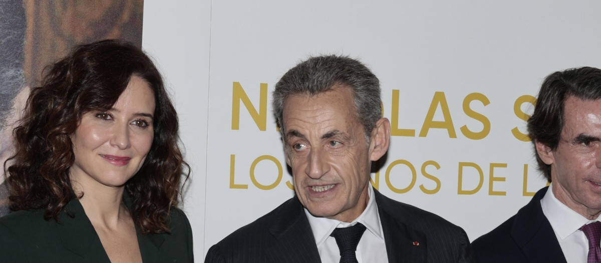 Isabel Ayuso,Nicolas Sarkozy,Jose Maria Aznarduring book premiere Los años de las luchas in Madrid on Monday, 11 December 2023.