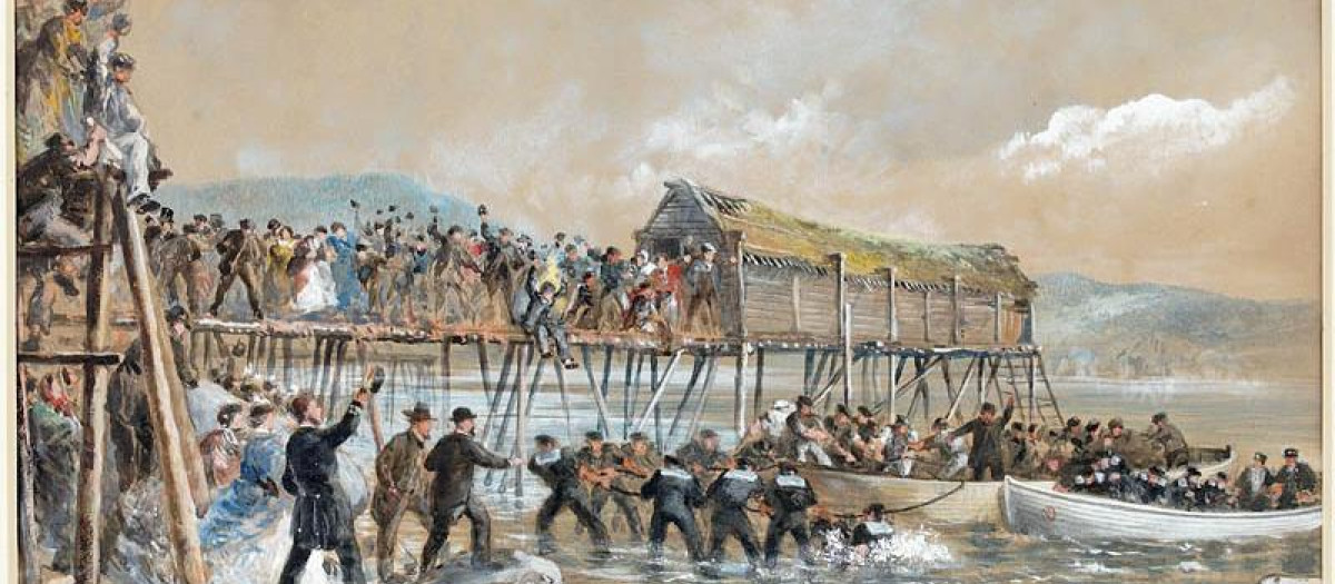 Desembarco del cable telegráfico transatlántico de 1866 en Heart's Content, Terranova, por Robert Charles Dudley, 1866