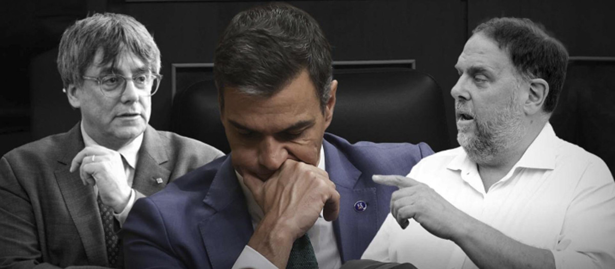 Un montaje fotográfico de Pedro Sánchez, Oriol Junqueras y Carles Puigdemont
