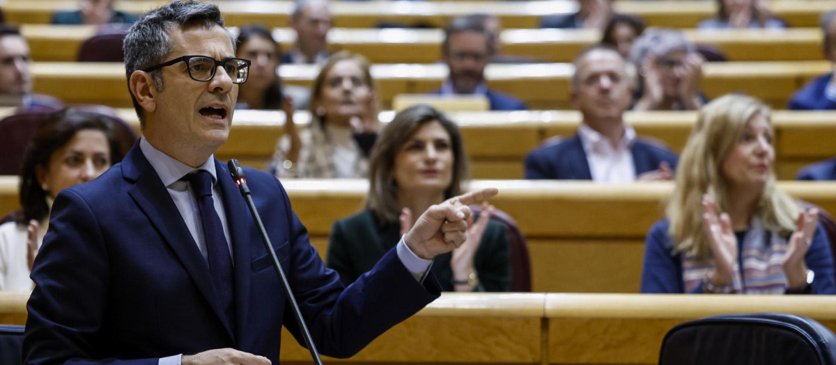 El ministro de la Presidencia, Justicia y Relaciones con las Cortes, Félix Bolaños, durante su intervención en la sesión de control al Gobierno celebrada este martes por el pleno del Senado