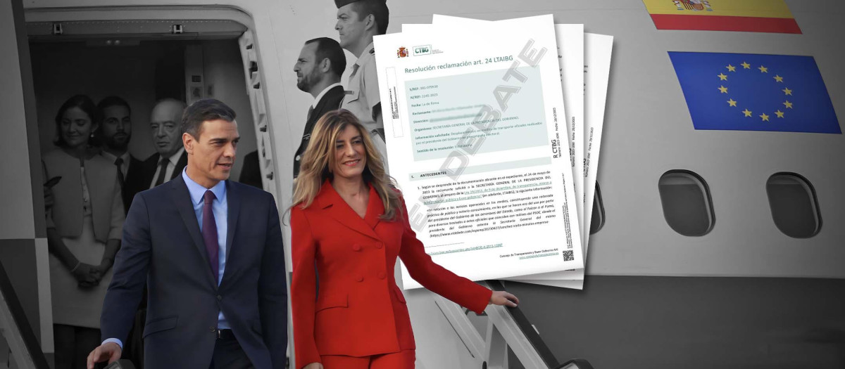 Montaje del presidente del Gobierno, Pedro Sánchez, en un Falcon