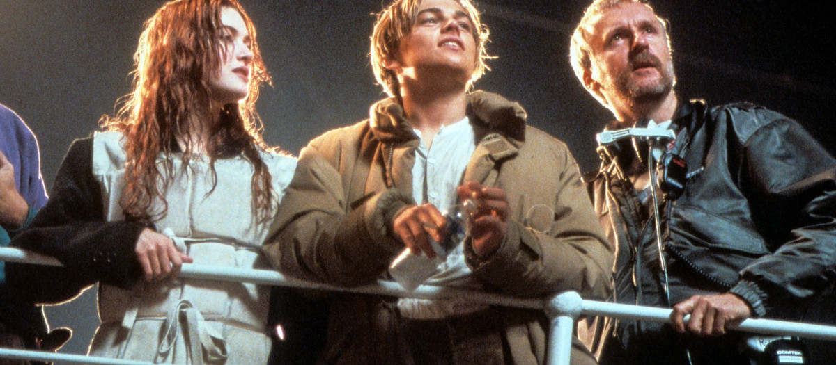Kate Winslet, Leonardo DiCaprio y James Cameron en el set de Titanic
