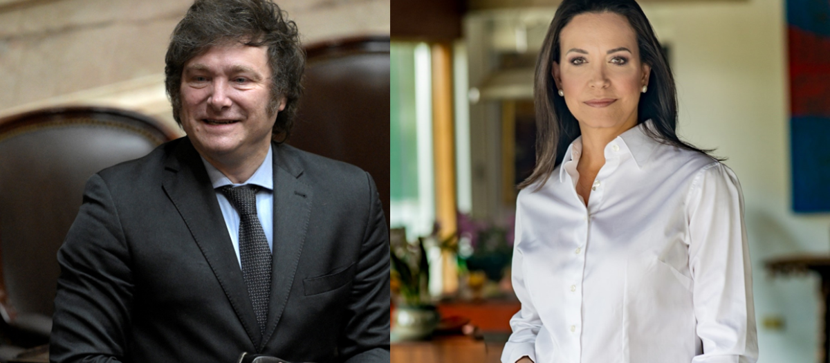 Javier Milei, presidente de Argentina, y María Corina Machado, líder opositora venezonala