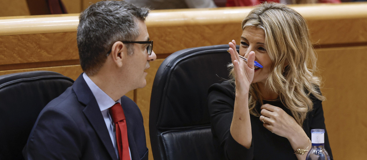 Félix Bolaños y Yolanda Díaz, en sus escaños del Senado