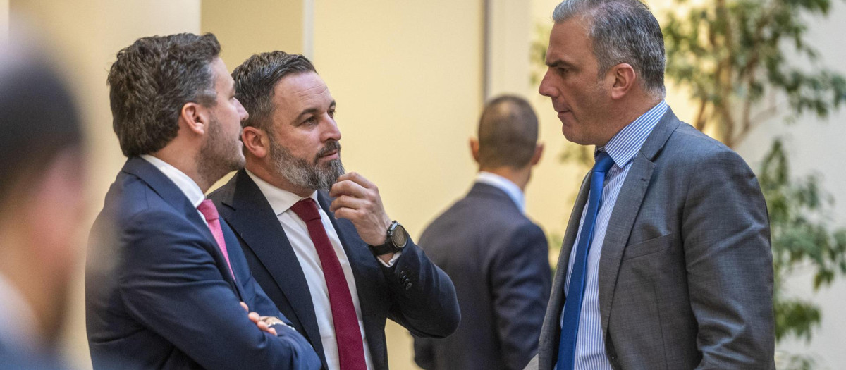Santiago Abascal y Javier Ortega Smith en el exterior del Senado, donde se celebraba el Pleno del Congreso este miércoles