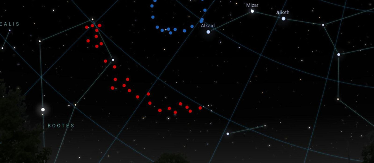 Infografía que muestra el Gran Anillo (en azul) y el Arco Gigante (rojo)