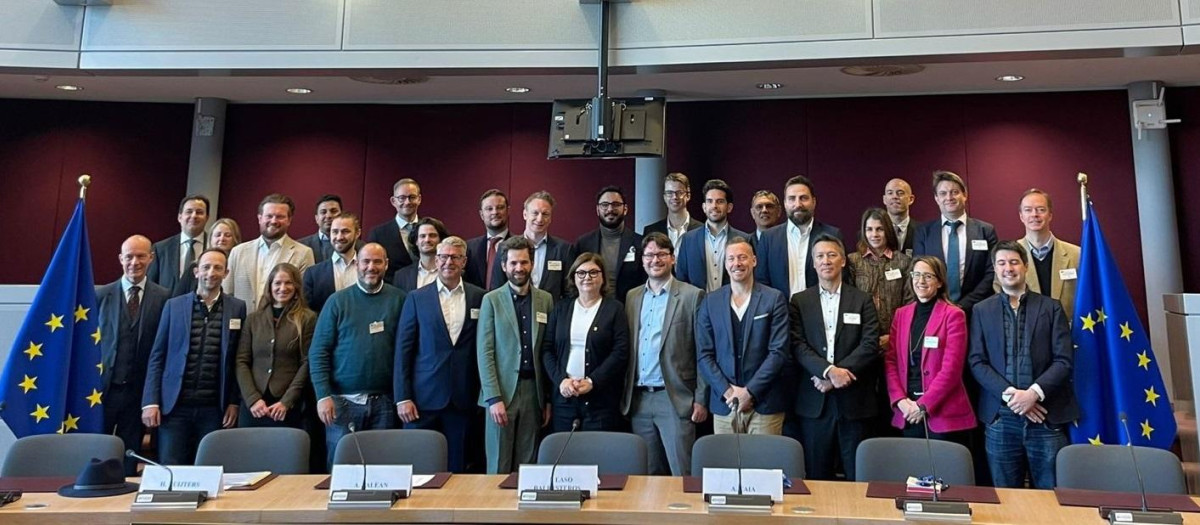 La comisaria de Transporte de la UE Adina-Ioana Valean (centro) junto a los 18 representantes de las empresas y miembros de su equipo